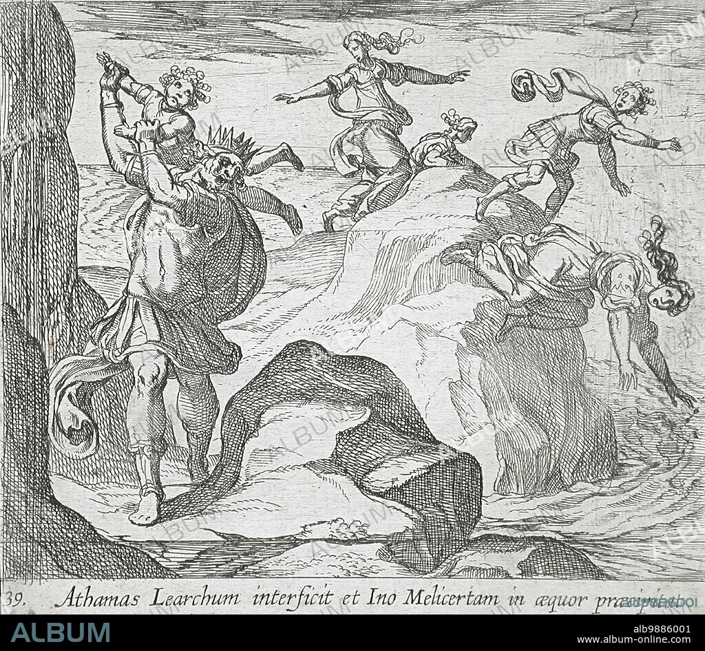 ANTONIO TEMPESTA et WILHELM JANSON. The Insane Athamas Killing Learchus, While Ino and Melicertes Jump into the Sea, published 1606. From The Metamorphoses of Ovid, pl. 39.