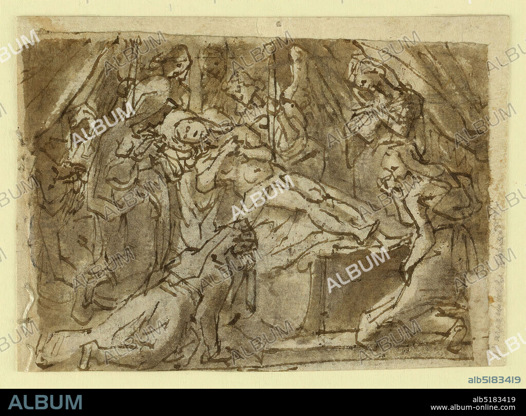 Recto: Lamentation over the dead Christ; Verso: Zeuxis painting Helen of Troy, Jan van der Straet, called Stradanus, Flemish, 15231605, Black chalk, pen and brown ink, grayish-brown wash on laid paper, Recto: Christ is shown lying upon a sarcophagus. Two angels hold lighted candles near his head. The Virgin kneels beside it. Four other women, and an indistinct figure in the back, mourn the dead Christ. Below is a framing line, part of which is on -2648a. A few strokes at the lower edge belong to -2648a. Verso, vertically: Zeuxis uses a number of models to fashion an image of Helen of Troy. The study of the leg is above, at left. Zeuxis paints with his left hand after a girl standing upon a platform. Two of the others are seated, one takes her skirt off, the fourth stands in the right foreground. Framing line, at left. The line and strokes at the left edge belong to -2648b., Netherlands, ca. 1595, figures, Drawing, Drawing.
