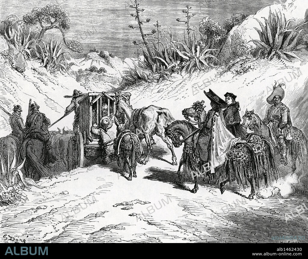 LITERATURA CASTELLANA. "EL INGENIOSO HIDALGO DON QUIJOTE DE LA MANCHA". Obra escrita por Miguel de CERVANTES SAAVEDRA (1547-1616). "LA JAULA-CON DON QUIJOTE-SE PONE EN EL CARRO DE LOS BUEYES". Grabado de Gustave DORE. (I,47) .