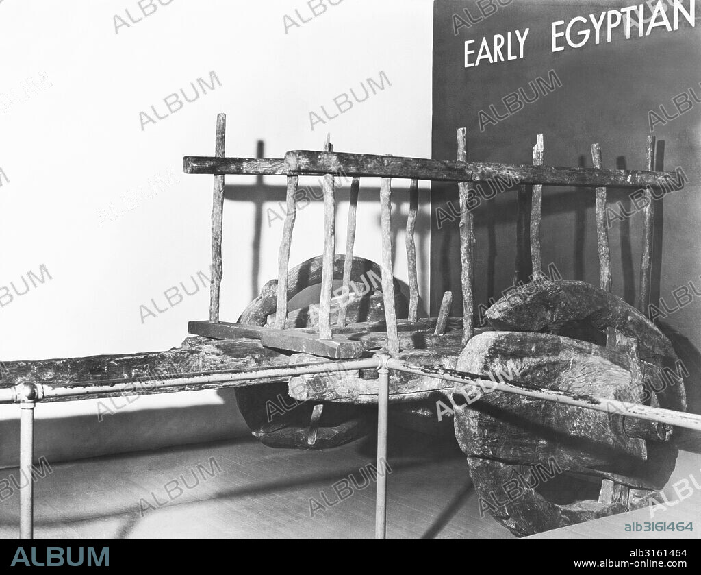 New York, New York: 1938 An ancient Egyptian ox cart on disply in Rockefeller Center. It was used about 200 B.C. to transport sacred animals to the sacrifice.