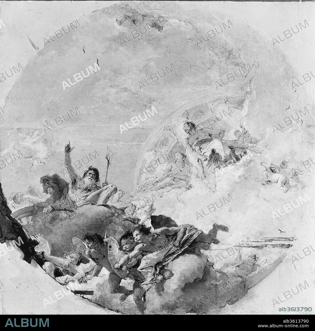 Neptune and the Winds. Artist: Giovanni Battista Tiepolo (Italian, Venice 1696-1770 Madrid). Dimensions: Round painted surface, 24 1/2 x 24 1/2 in. (62.2 x 62.2 cm).
The sketch illustrates a celebrated passage from Virgil's <i>Aeneid</i> describing how Neptune calmed the winds to save Aeneas from shipwreck. Neptune, his arm raised, commands the winds to desist. Jupiter stands in front of the portico of a circular temple. In 1764-66 Tiepolo decorated a room in the Palacio Real, Madrid, with an apotheosis of Aeneas; the sketch may be related to this project.