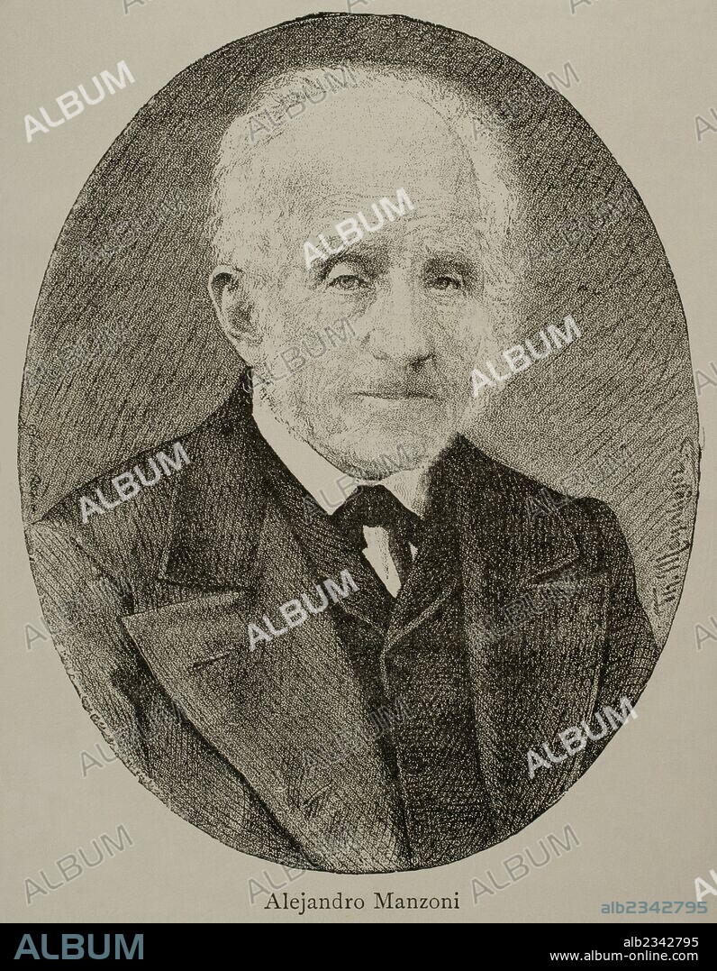 MANZONI, Alessandro (Milán,1785-Milán,1873). Escritor italiano. Líder del movimiento romántico nacional. Participó en la rebelión de Milán en 1848, y fue senador (1860). Grabado por Maynhofer. "Nuestro Siglo", año 1883.