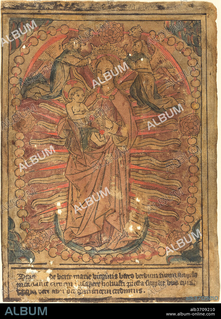 FRENCH 15TH CENTURY. The Madonna and Child in a Rosary. Dated: c. 1490. Medium: woodcut, hand-colored in mauve purple, vermilion, gray-blue, probably by stencil.