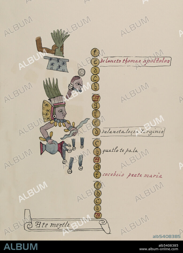 Head wearing a headdress with green feathers holding a blue snake staff and a water vessel. Above this head is another of a woman with a roundel above her forehead. Above her a hand of leaves of grass. This month, identified as that of Thomas the Apostle, is called Atemoztli (Water Descends). The month was dedicated to Tlaloc. The couatopilli is a common attribute of Tlaloc. The headdress is the same as that in the month of Tepeilhuitl. Chalchiuhtlicue, described variously as the mother, wife, or sister of Tlaloc and goddess of lakes and streams, is indicated by the chalchiuitl (green jade) above her head. The Tovar Codex (16th century) contains detailed information about the rites and ceremonies of the Aztecs. The codex is illustrated with 51 full-page paintings in watercolor. Illustration taken from a 19th century transcript of Juan de Tovar's Historia de la benida de los yndios apoblar a Mexico (the Co´dice Tovar).