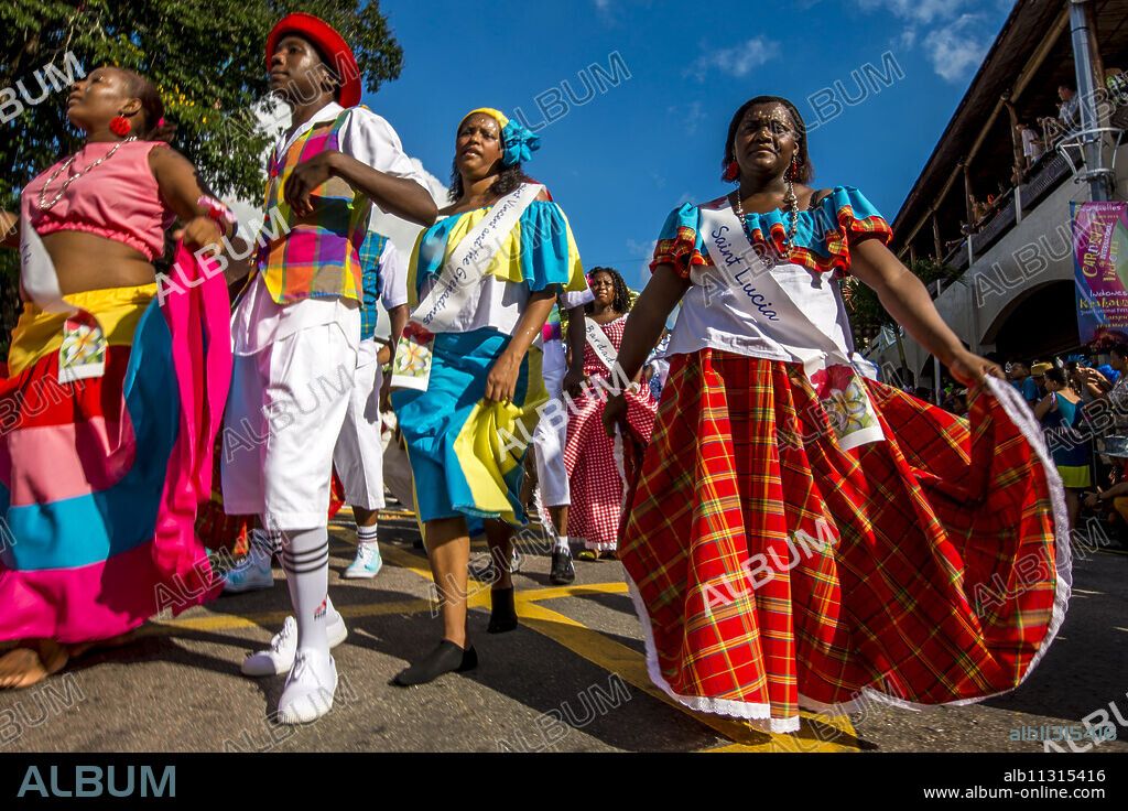 Street parade in the International Carnival Seychelles, in Victoria, Mahe, Republic of Seychelles, Indian Ocean, Africa.