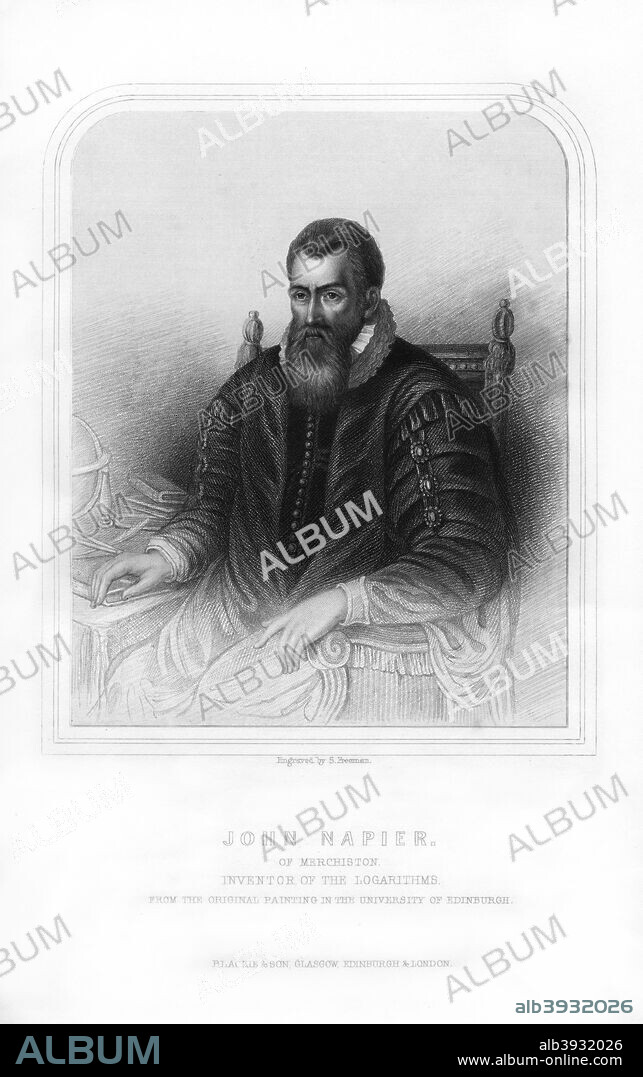 John Napier, Scottish mathematician, physicist, astronomer and astrologer, (1870). Napier (1550-1617) is most remembered as the inventor of logarithms and the calculation tool known as Napier's Bones, and for popularizing the use of the decimal point. An engraving from Robert Chambers' A Biographical Dictionary of Eminent Scotsmen, Blackie and Son, (Glasgow, Edinburgh, and London, 1870).