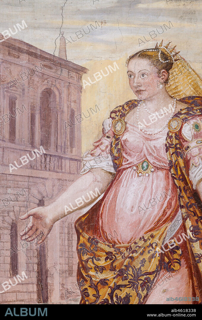 Thiene, Villa Porto Colleoni (also known as Castle in Thiene), Camerone: "The Clemency of Scipio", frescoes by Giovanni Antonio Fasolo (c. 1560-1565). Detail with female figure.