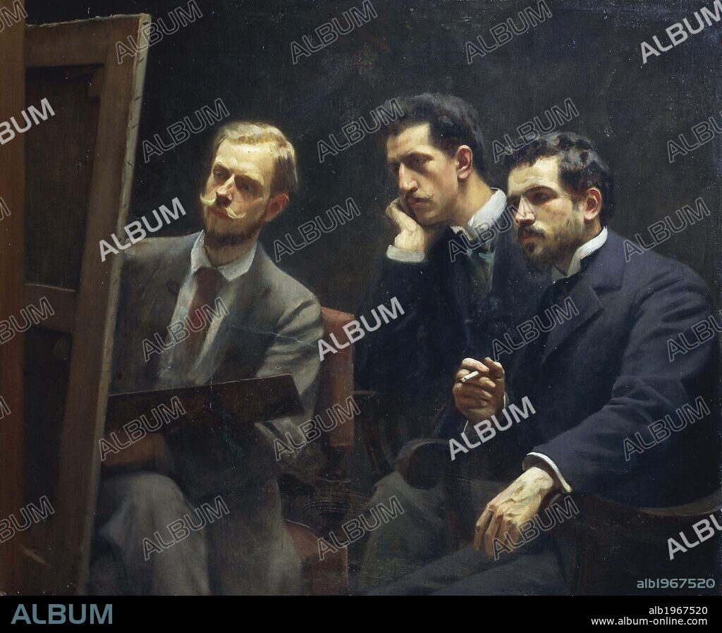 Portrait of his son Eduardo Gordigiani,a painter, the architect  Egisto Fabbri and the painter Alfredo Muller, 1895, by Michele Gordigiani (1830-1909).