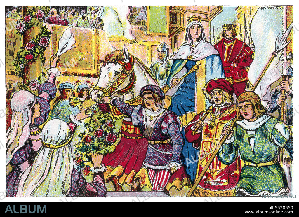 ALBERT MESTRE MORAGAS. Historia de Catalunya. Llegada a Perpignan de Fernando II de Aragón (1452-1516) llamado el Católico e Isabel I de Castilla (1451-1504) tras la firma del tratado de Barcelona con el rey Carlos VIII de Francia (1470-1498) en 1493, mediante el cual la Corona de Aragón recuperó el Rosellón y la Cerdaña a cambio de su postura neutral ante un inminente ataque francés al reino de Nápoles. Cromo de Xacolata Juncosa. Año 1932.