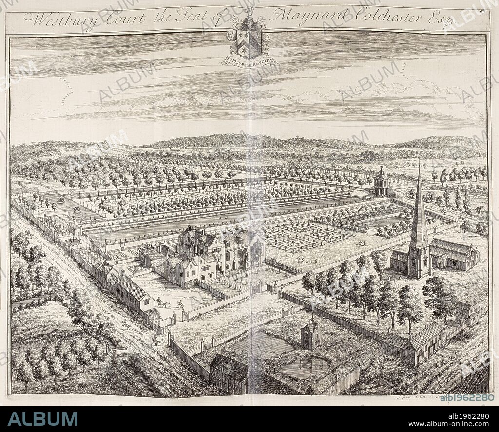 LEONARD KNYFF y JOANNEW KIP. An engraving of Westbury Court house and gardens. . Britannia illustrata. London, England. Britannia illustrata or Views of several of the royal palaces as also of the principal seats of the nobility and gentry of Great Britain elegantly engraven on ... copper plates. [Engraved mainly by Joannes Kip, after drawings by Leonard Knyff.] London, 1720, 1740. Source: 191.g.16 vol.2 29. Language: English.