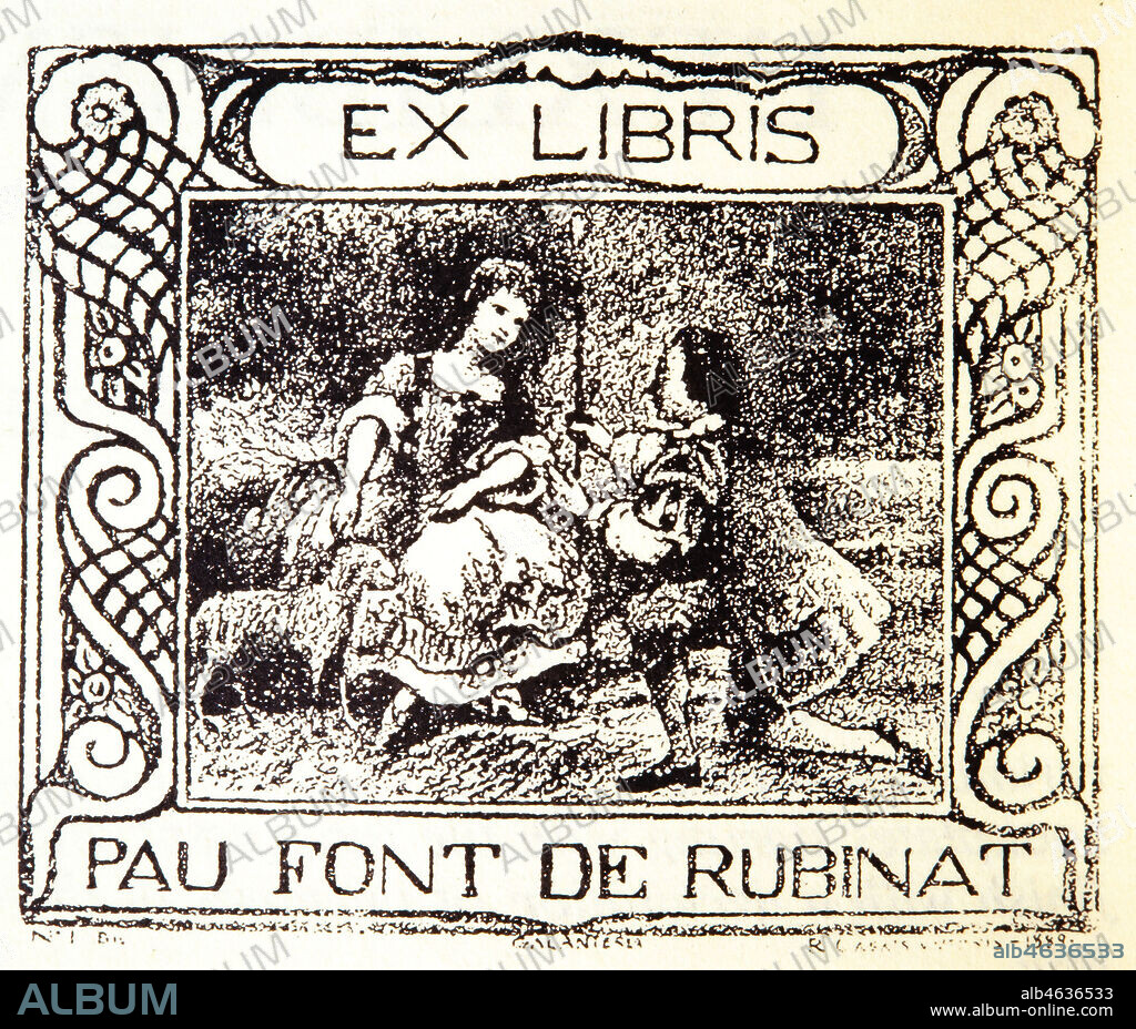 RAMÓN CASALS I VERNÍS. EX LIBRIS,PAU FONT DE RUBINAT. C.P. 1889.