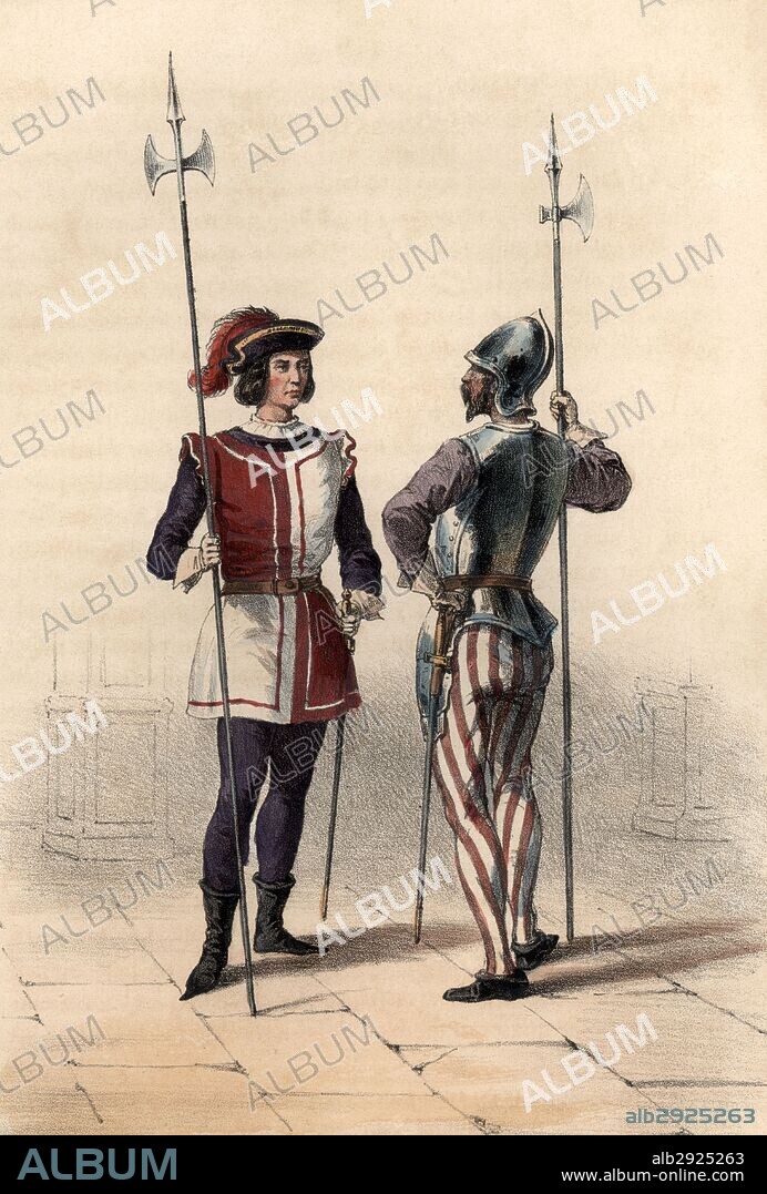 España. Siglo XVI. Uniforme de la Guardia de alabarderos de los Reyes Católicos. Infantería. Grabado de 1851.