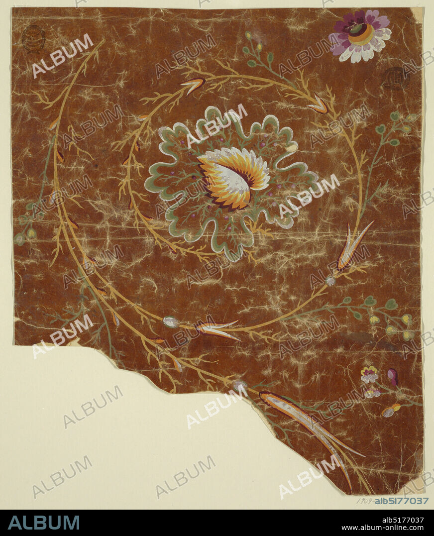 Design for a Silk Brocade, Fragment, Brush and gouache on oily tracing paper, A part of a rising rinceau with one spiral showing on top, a leaf with another in its center. Flowers are shown in the right wedges., France, 18251850, Drawing, Drawing.