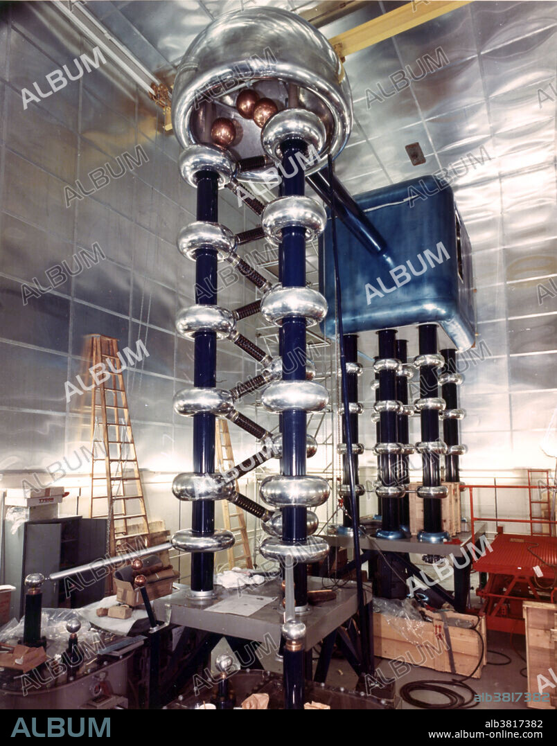 The Alternating Gradient Synchrotron's Cockroft-Walton generator. No longer in use, this is the device that was used to provide the initial acceleration to protons prior to injection into the 200 MeV linear accelerator (LINAC), for further acceleration before being delivered to the Alternating Gradient Synchrotron (AGS).