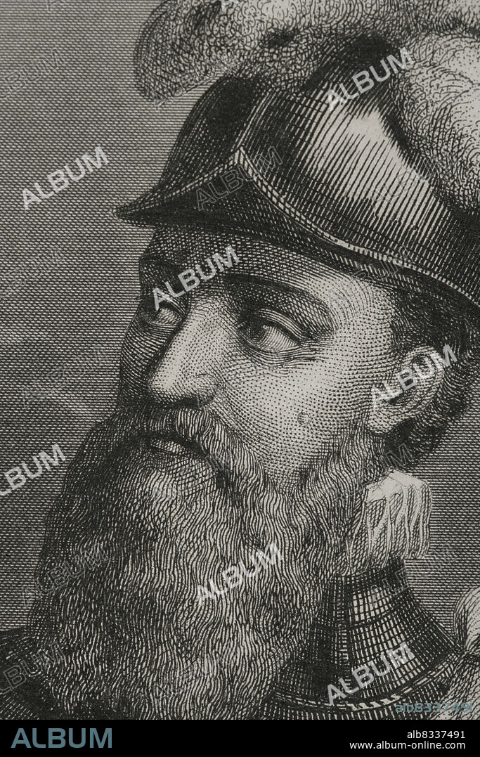 Francisco Pizarro (1478-1541). Conquistador español. Lideró la expedición que iniciaría la Conquista del Perú. Gobernador de Nueva Castilla. Retrato. Grabado. Detalle. Historia Universal, por César Cantú. Tomo IV, 1856.
