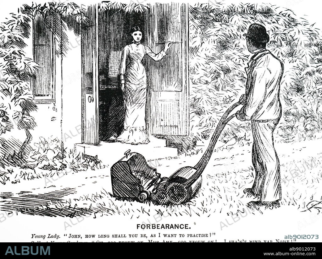 An engraving depicting a Gardner using a hand-powered cylinder lawnmower with roller blades and a box to collect the mowings. Dated 19th century.