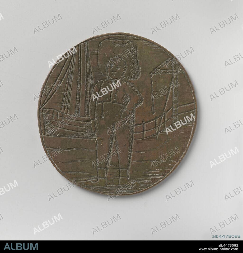Korendragers- and-dumpingers guild from Amsterdam, guild token from Jan Noordeloos, Copper medal. Front: man with head and face load, in background: light barge and drawbridge. Reverse: inscription, Amsterdam, Jan Noordeloos, anonymous, 1815, copper (metal), engraving, d 3.4 cm × w 8.21 gr.