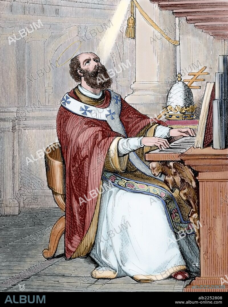 SAN LEON II (? -683). Papa númeo 80 de la Iglesia católica, de 682-683. Grabado coloreado.