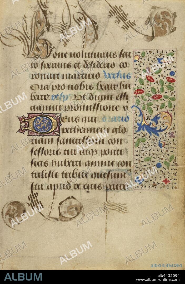 Decorated Text Page, Nicolas Spierinc (Flemish, active 1455 - 1499), Antwerp (illuminated), Belgium, 1469, Tempera colors, gold leaf, gold paint, silver paint, and ink on parchment, Leaf: 12.4 x 9.2 cm (4 7/8 x 3 5/8 in.).
