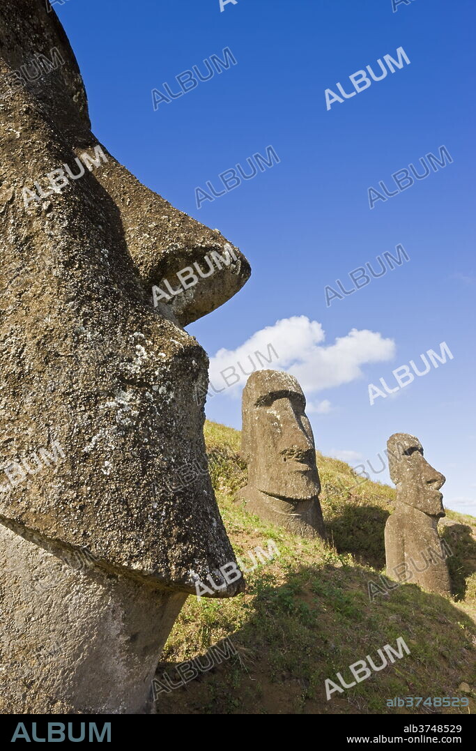 Giant monolithic stone Moai statues at Rano Raraku, Rapa Nui (Easter Island), UNESCO World Heritage Site, Chile, South America.