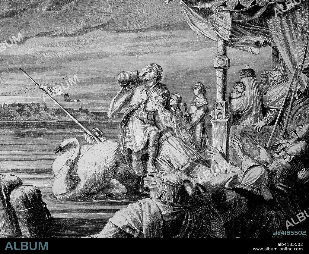 Lohengrin is a character in German Arthurian literature, the son of Parzival, he steps back onto his swan boat, never to return, illustration, woodcut from 1880.