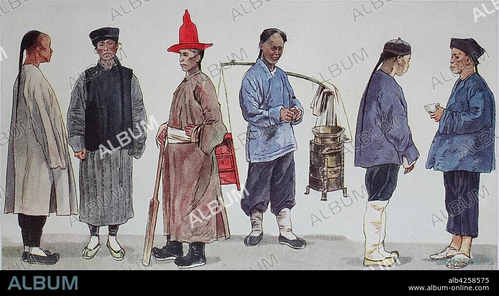 Clothing, fashion in China, around the 19th century, folk costumes, from the left, a servant, a simple man from northern China in winter costume, a court servant, a street bartender in padded jacket, a man of the lower folk, illustration, China, Asia.
