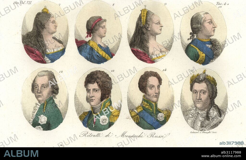 Portraits of Russian Tsars, House of Romanov: Anna 7, Ivan VI 8, Elizabeth 9, Peter III 10, Catherine II the Great 11, Paul I 12, Alexander I 13, and Nicholas I 14. Handcoloured copperplate engraving by Giarre and Stanghi from Giulio Ferrario's Costumes Ancient and Modern of the Peoples of the World, Florence, 1847.
