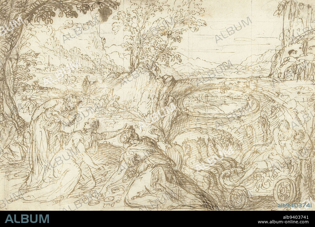 Roof of Proserpina, Pauwels Franck, 1550 - 1596, In the foreground left three nymphs picking flowers. On the right, Proserpina is carried away by Pluto in his chariot, which is drawn by four horses., draughtsman: Pauwels Franck, 1550 - 1596, paper, pen, h 205 mm × w 306 mm.