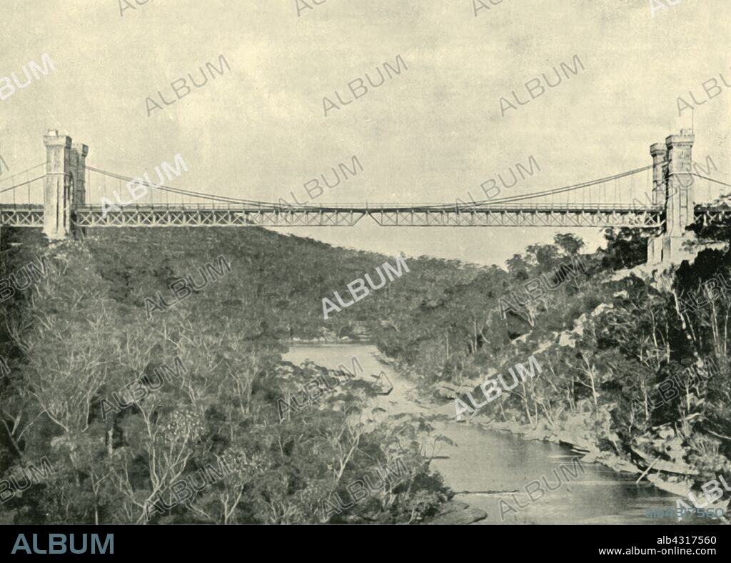'Suspension Bridge, North Sydney', 1901. Suspension Bridge known as the Long Gully Bridge, connecting Cammeray and Northbridge a suburb of Sydney over the  Murray River, built in 1889. From "Federated Australia". [The Werner Company, London, 1901].
