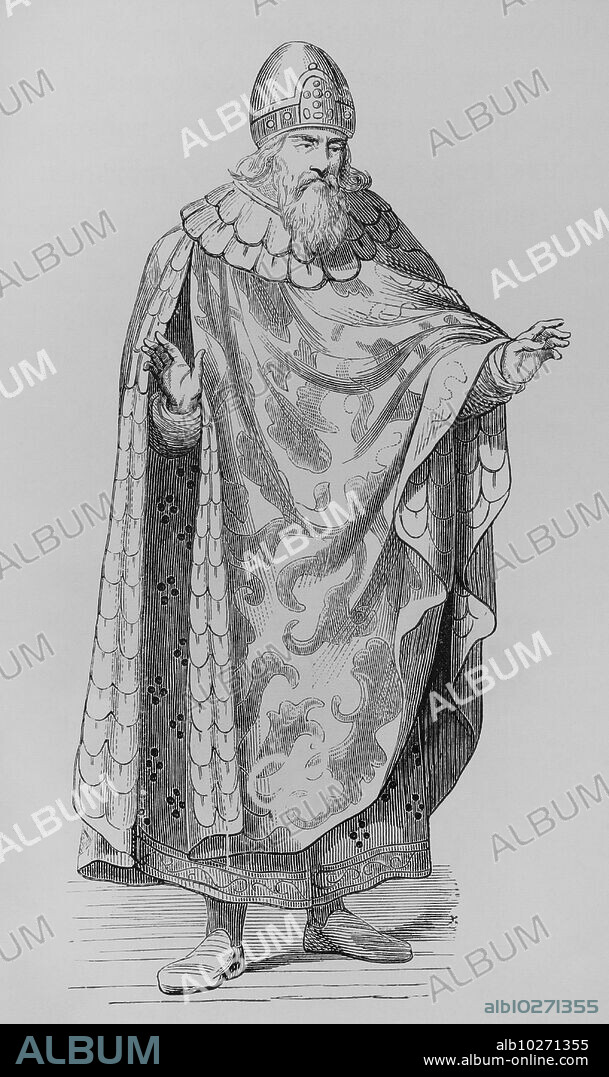 Dux de Venecia. Traje anterior al siglo XVI, cuyo manto era abierto de arriba abajo, prendido por el hombro derecho con un botón, y colgando por el izquierdo. El cuello rodeado de armiños. Grabado a partir de Cesare Vecellio (1530-1601) en "De gli habiti antichi et moderni di diversi parti del mondo", publicado en Venecia, 1590. "Moeurs, usages et costumes au moyen-âge et à l'époque de la Renaissance", por Paul Lacroix. París, 1878.