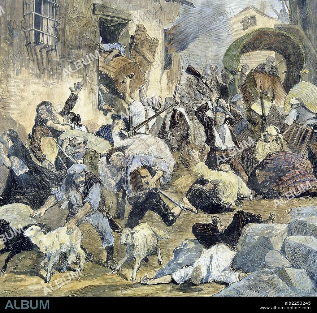 GUERRA CARLISTA. TERCERA GUERRA CARLISTA. ( 1872 - 1876 ). REINADO DE ALFONSO XII. " SAQUEO DE CUENCA POR LAS TROPAS DE ALFONSO CARLOS , AÑO 1874 ". GRABADO DE LA ILUSTRACION ESPAÑOLA Y AMERICANA.