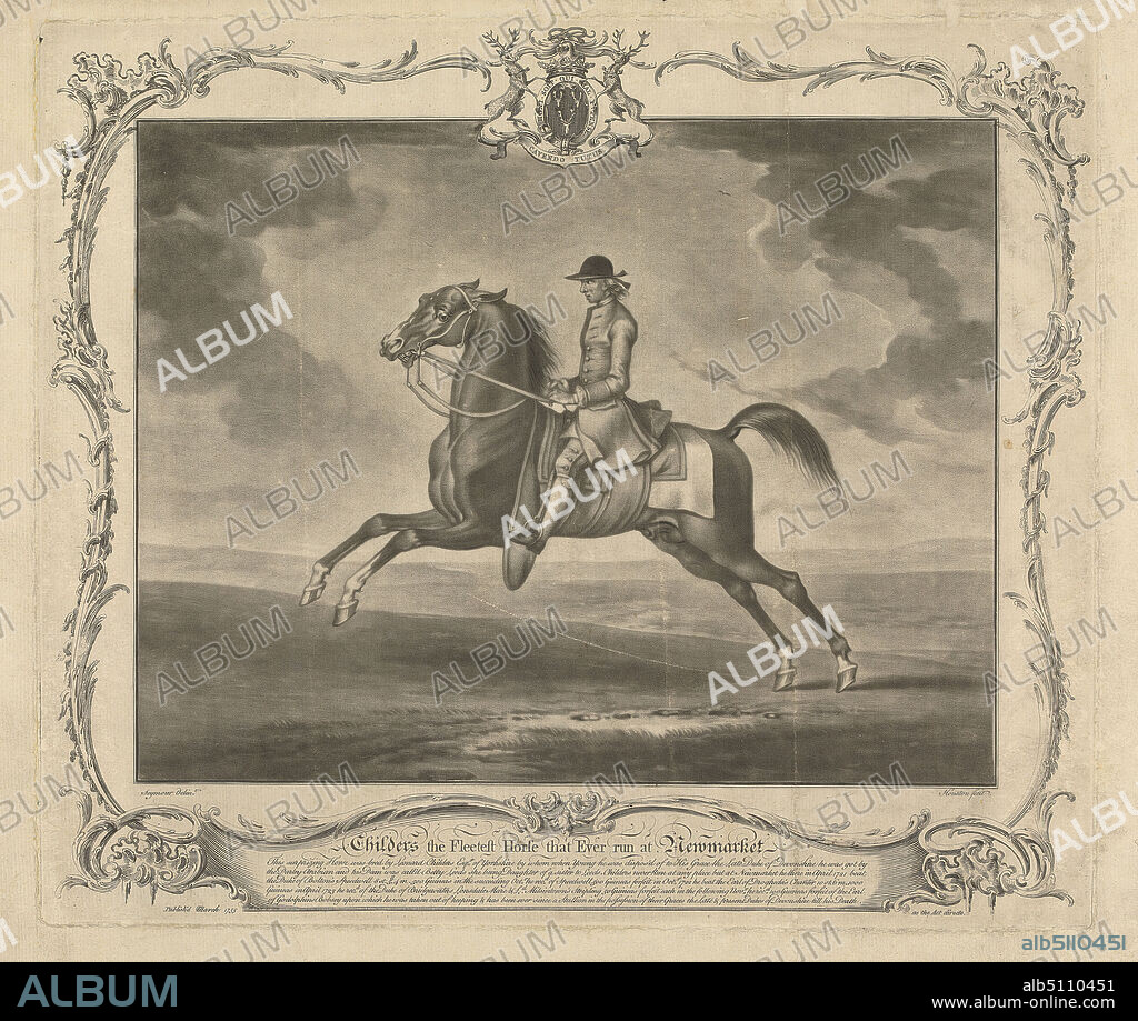 Childers, the Fleetest Horse that Ever Run at Newmarket, Print made by Richard Houston, ca. 17211775, British, after James Seymour, 17021752, British, 1755, Mezzotint on medium, slightly textured, cream laid paper, Sheet: 11 5/8 x 13 5/8in. (29.5 x 34.6cm), animal art.