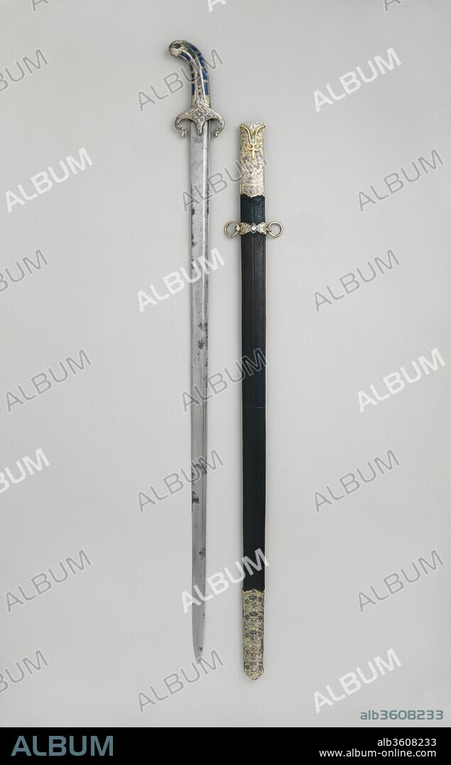 Sword with Scabbard. Culture: Grip and guard, Turkish, Ottoman; blade, European. Dimensions: L. with scabbard 40 3/8 in. (102.5 cm); L. without scabbard 39 3/4 in. (101 cm); L. of blade 34 3/4 in. (88.3 cm); Wt. 1 lb. 13 oz. (827 g); Wt. of scabbard 1 lb. (453 g). Date: Grip and guard, late 17th century; blade, 17th century.
The nielloed silver moutns are typical of Ottoman weapons, although the use of lapis lazuli are rare. The straight European blade suggests that this cavalry weapon was carried in addition to the more usual curved saber. Pairs of weapons with straight and curved blades were common in eastern Europe in the seventeenth century.