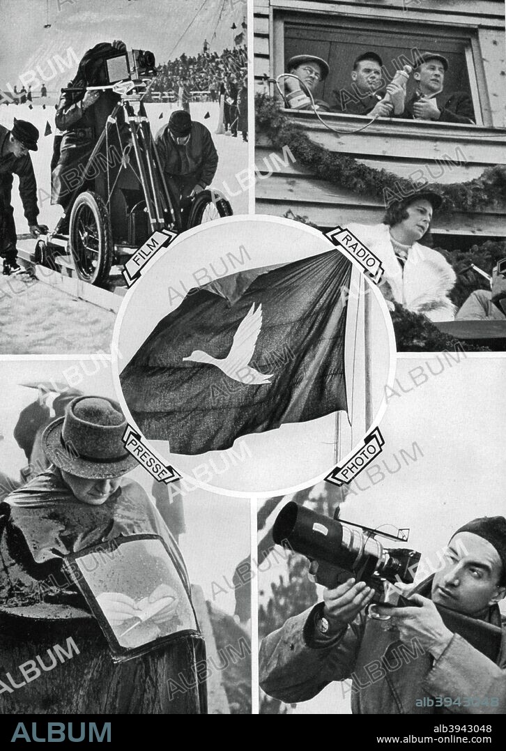 The media in action, Winter Olympic Games, Garmisch-Partenkirchen, Germany, 1936. Film, radio, photography and press. A print from Olympia 1936, Die Olympischen Spiele 1936, Volume I, Cigaretten-Bilderdienst, Hamburg, 1936.