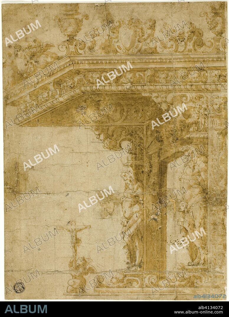 Design for Tomb with Canopy. Attributed to Marco Marchetti, called Marco da Faenza; Italian, c. 1526-1588. Date: 1548-1552. Dimensions: 261 x 196 mm. Pen and brown ink with brush and brown wash, on tan laid paper, laid down on tan laid paper. Origin: Italy.