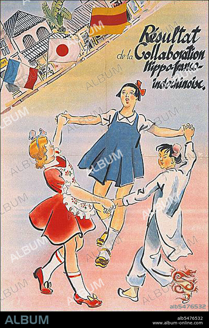 Three happy dancing children, one French, one Vietnamese and one Japanese in this Vichy-Japanese propaganda poster from World War II. French, Japanese and French Indochina flags flutter in the background. In September 1940, during World War II, the newly created regime of Vichy France granted Japan's demands for military access to Tonkin with the invasion of French Indochina (or Vietnam Expedition). This allowed Japan better access to China in the Second Sino-Japanese War against the forces of Chiang Kai-shek, but it was also part of Japan's strategy for dominion over the Greater East Asia Co-Prosperity Sphere. On 9 March 1945, with France liberated, Germany in retreat, and the United States ascendant in the Pacific, Japan decided to take complete control of Indochina. The Japanese launched the Second French Indochina Campaign. The Japanese kept power in Indochina until the news of their government's surrender came through in August.