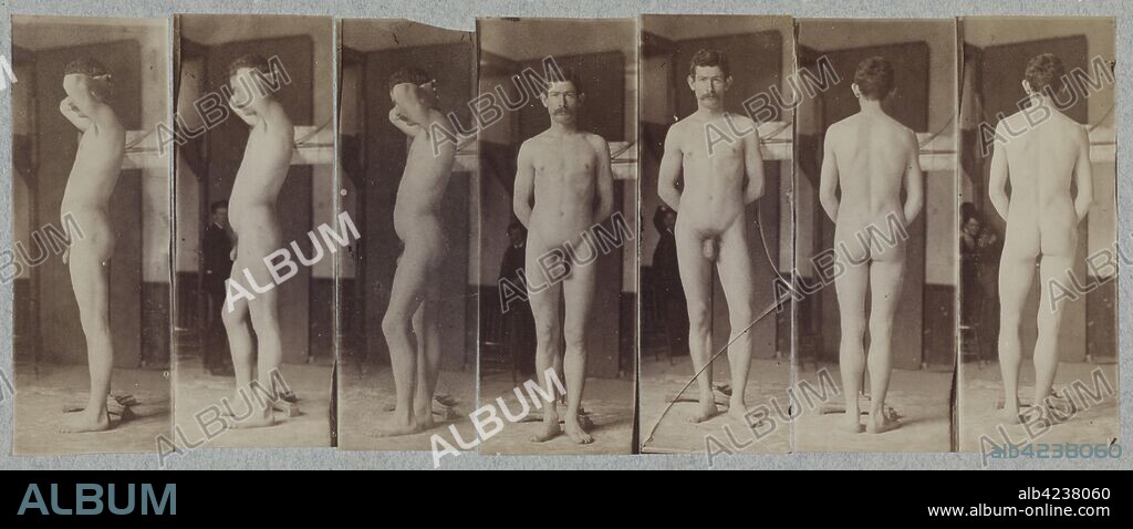 Naked Series: Photographs of a Standing Male Nude Model ("Joseph Smith"), c. 1883. Circle of Thomas Eakins (American, 1844-1916), circle of Thomas Eakins (American, 1844-1916). Albumen prints from glass negatives; image: 8.2 x 2.9 cm (3 1/4 x 1 1/8 in.); matted: 35.6 x 45.7 cm (14 x 18 in.).