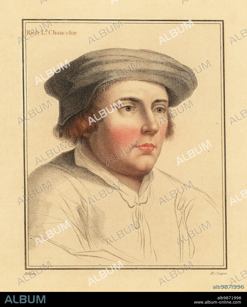 Sir Richard Rich, 1st Baron Rich (1496-1567), Lord Chancellor during the reign of King Edward VI. Rich Ld. Chancelor. Handcoloured copperplate stipple engraving by Robert Cooper after a portrait by Hans Holbein the Younger from Imitations of Original Drawings by Hans Holbein, John Chamberlaine, London, 1812.