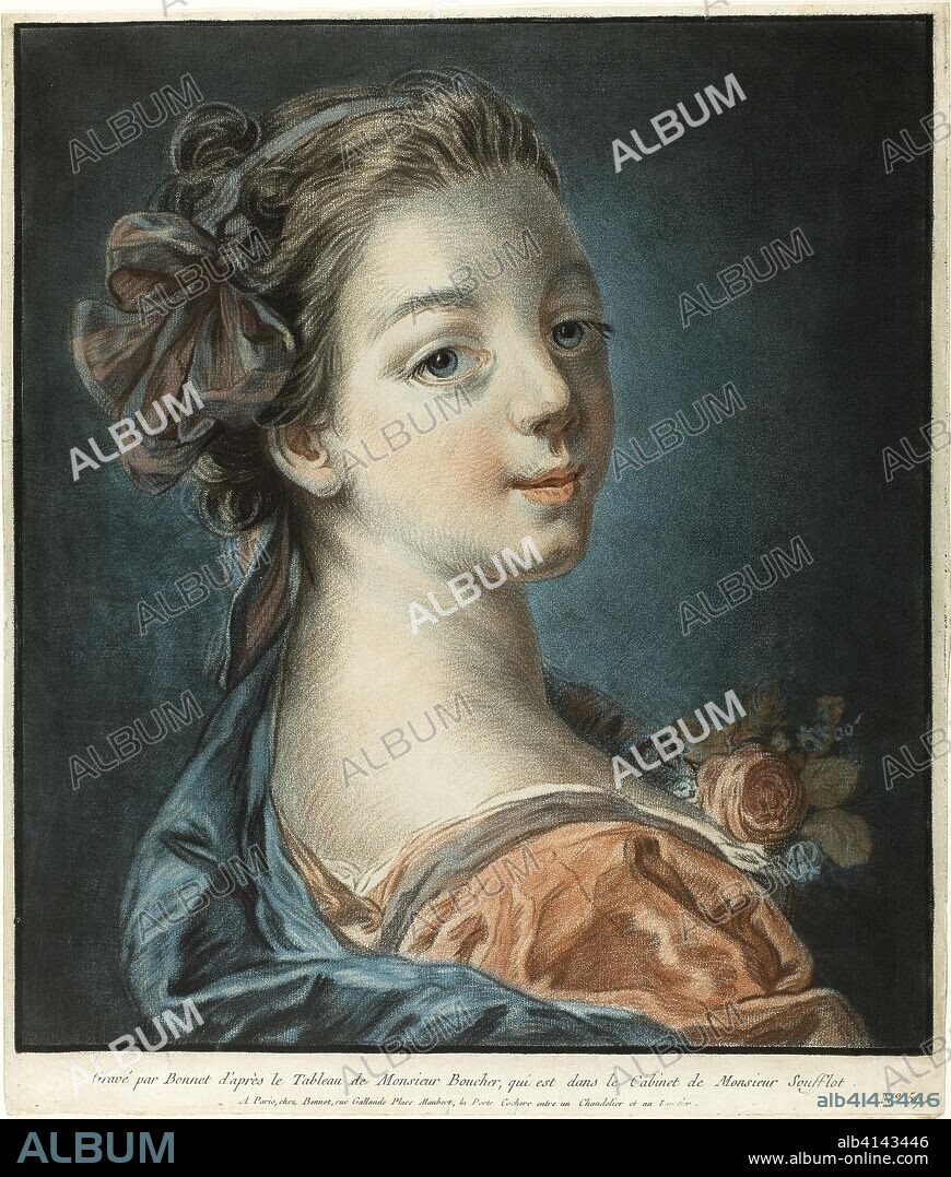 Bust of a Woman. Louis-Marin Bonnet (French, 1736-1793); after François Boucher (French, 1703-1770). Date: 1766-1776. Dimensions: 414 × 350 mm (image); 423 × 360 mm (sheet, cut within plate mark). Crayon-manner engraving, with etching, in blue, red, and black, from three plates, on paper. Origin: France.