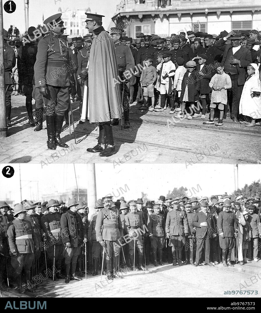 Febrero 1920. Melilla. Llegada del general Fernandez Silvestre
1, el teniente coronel primo de Rivera Dando la Bienvenida al nuevo comandante General (X)
2, el general Fernández Silvestre (X) Presenciando el desfile de las Tropas que le Tributaron Honores
-Foto: Lazaro y Silva.