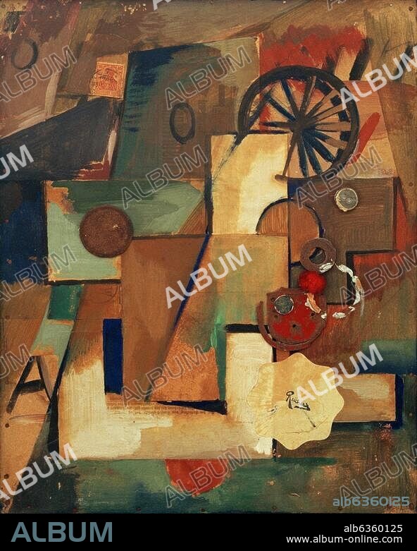 KURT SCHWITTERS. Schwitters, Kurt, 1887 - 1948, German artist. - "für meinen lieben Syndetikon" ('For my dear Syndetikon'), 1921. - Assemblage, oil, paper, metal, cotton wool and button on paper, 38.3 x 31cm. Private collection.