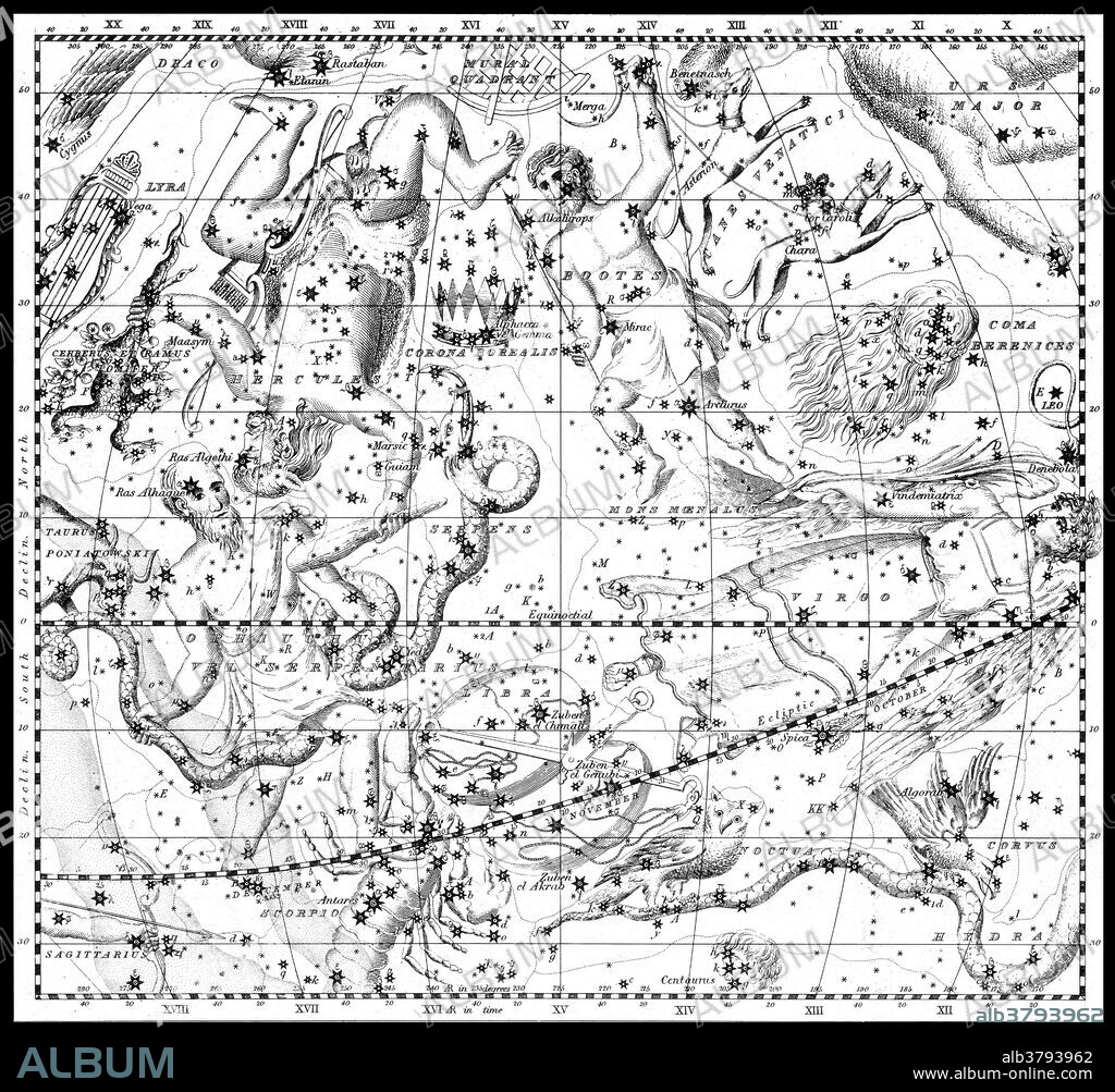 Image appeared in "A Celestial Atlas containing Maps of all the Constellations visible in Great Britain, with Corresponding Blank Maps of the Stars, Systematically Arranged for communicating a practical knowledge of the Heavens" by James Middleton, Teacher of the Use of the Globes and Astronomy.