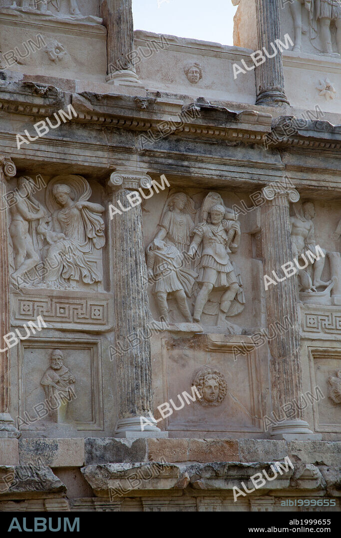 Turkey, Aphrodisias, Sebasteion, Relief. The reliefs from left to right depicting Anchises with Aphrodite and Aineas flight from Troy.