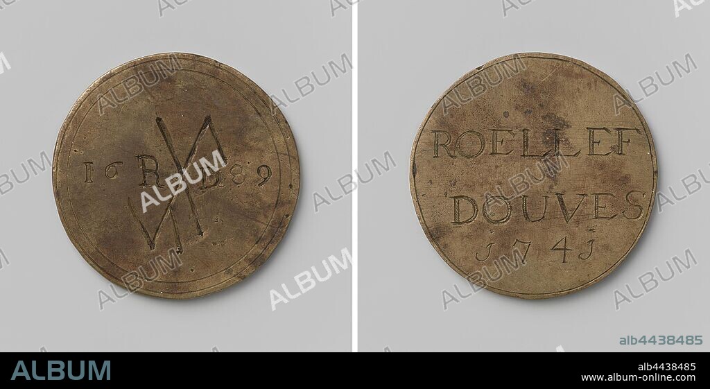 Unknown Guild, Guild Medal of Roellef Douves, Brass Medal. Front: private label between letters R and D and year. Reverse: inscription, Roellef Douves, anonymous, 1741, brass (alloy), engraving, d 4.3 cm × w 25.83 gr.