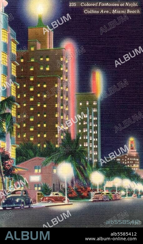 Miami (Floride, USA), Collins Avenue. Vue de Collins Avenue à Miami Beach, de nuit. Carte postale photo (coloriée), v. 1950.
