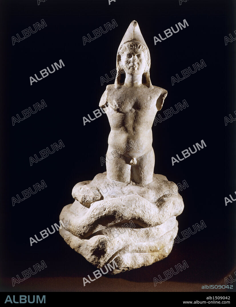Dacian-Roman civilization, 2nd-3rd century A.D. Marble statue of Mithras born from the rock. From Sarmizegetusa, ancient Ulpia Traiana, Romania.