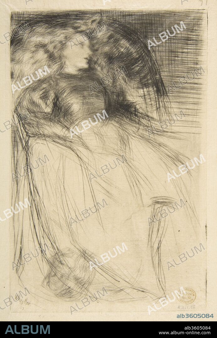 JAMES ABBOTT MCNEILL WHISTLER. Weary. Artist: James McNeill Whistler (American, Lowell, Massachusetts 1834-1903 London). Dimensions: Plate: 7 11/16 x 5 1/16 in. (19.6 x 12.8 cm)
Sheet: 10 3/4 x 6 11/16 in. (27.3 x 17 cm). Date: 1863.
Whistler depicts the celebrated Irish beauty Joanna Hiffernan--his model and mistress--sunk in an armchair, engulfed by a long skirt and loose hair, her lips parted as if to speak. The delicate paper captures the soft, drypoint lines and conveys a sensual mood. The light sketch of a girl's head (in the lower left of the sheet) suggests that Whistler first worked on the plate from the opposite direction with another subject in mind. Drypoint lines were scratched directly into the copper to produce this famous image.