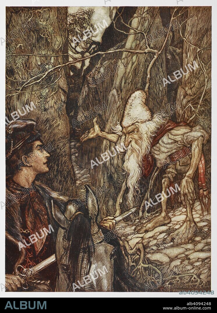 ARTHUR RACKHAM and GEBRUEDER GRIMM. Illustration of a prince on horseback talking to a dwarf, from The Water of Life. Grimm's Fairy Tales. Illustrated by Arthur Rackham. London : William Heinemann, [1925]. 'Good Dwarf, can you not tell me where my brothers are?'. Source: 12410.r.7. facing page 266.
