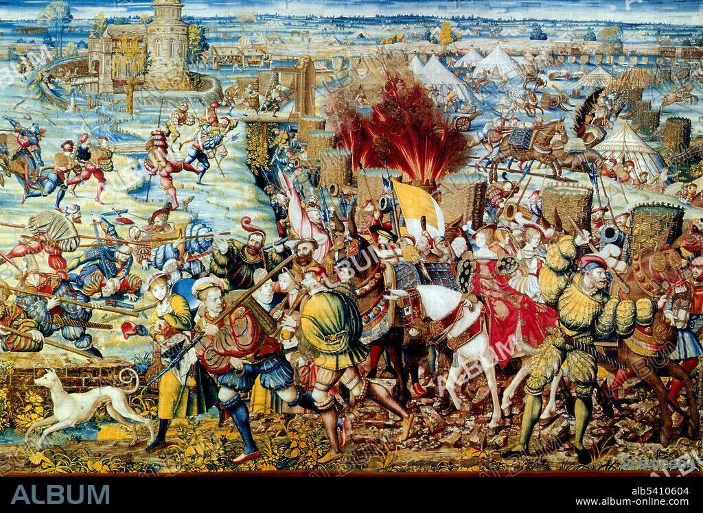The Battle of Pavia, fought on the morning of February 24, 1525, was the decisive engagement of the Italian War of 1521-26. An Imperial-Spanish army under the nominal command of Charles de Lannoy attacked the French army under the command of Francis I of France in the great hunting preserve of Mirabello. In the four-hour battle, the French army was split and defeated in detail. The French suffered massive casualties, including many of the chief nobles of France. Francis was captured by Habsburg troops and imprisoned by Charles V and forced to sign the humiliating Treaty of Madrid, surrendering significant territory to his captor. The outcome of the battle cemented Habsburg ascendancy in Italy. Brussels tapestry, 1528-31.