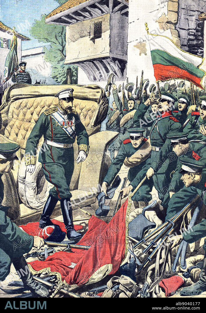 Balkan Wars: Ferdinand I of Bulgaria, according to the custom of his country, walking on on the weapons and flags of enemies conquered by his army, in this case the Turks. From 'Le Petit Journal, Paris, 10 November 1912.
